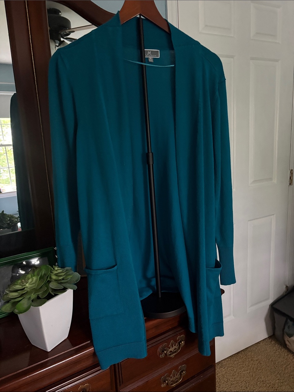 JM Collection Teal Open-Front Long Cardigan with Pockets